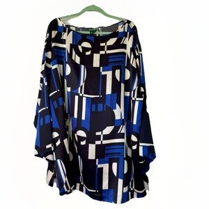 Lauren Ralph Lauren Blue Geo Print 100% Silk Tunic Sz 3X Blouse LRL EUC